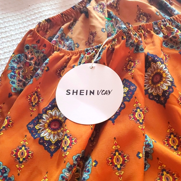 Shein Vcay Orange Patterned Cut Out Dress With Adjustable Straps - Picture 7 of 10